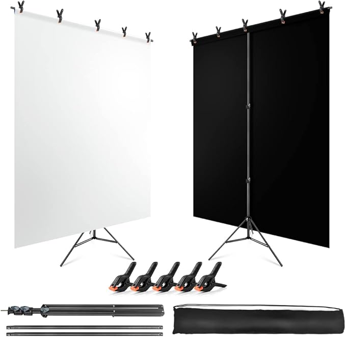 Black White Backdrop Screen with Stand Kit for Photo Video Studio Filming 5X6.5ft, Black Backdrop White Photo Curtain Background with T Shape Stand and 5 Spring Clamp for Photography Party Decorations