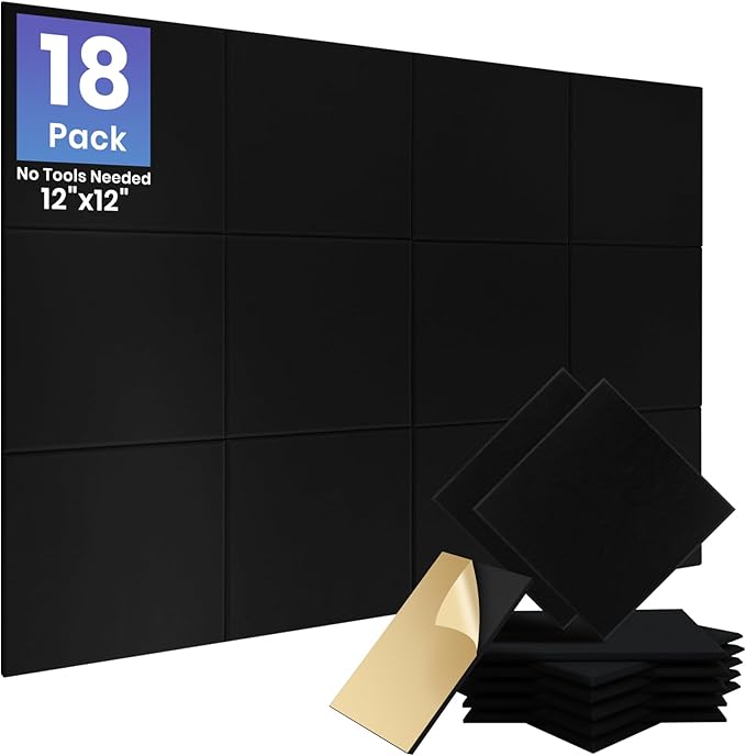 Focusound 18 Pack Sound Proof Panels for Walls, Self-Adhesive Acoustic Panels Sound Absorbing, 12" X 12" X 0.4" High Density Black Square Soundproof Wall Panels for Walls