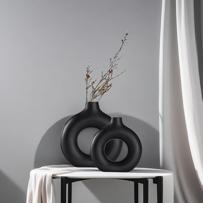 Modern Donut-Shaped Decorative Vases, Handmade Minimalist Boho ins Style, Modern Vase for Home Decor for Wedding Dinner Table Party Living Room Office Bedroom (Black, Large + Small)