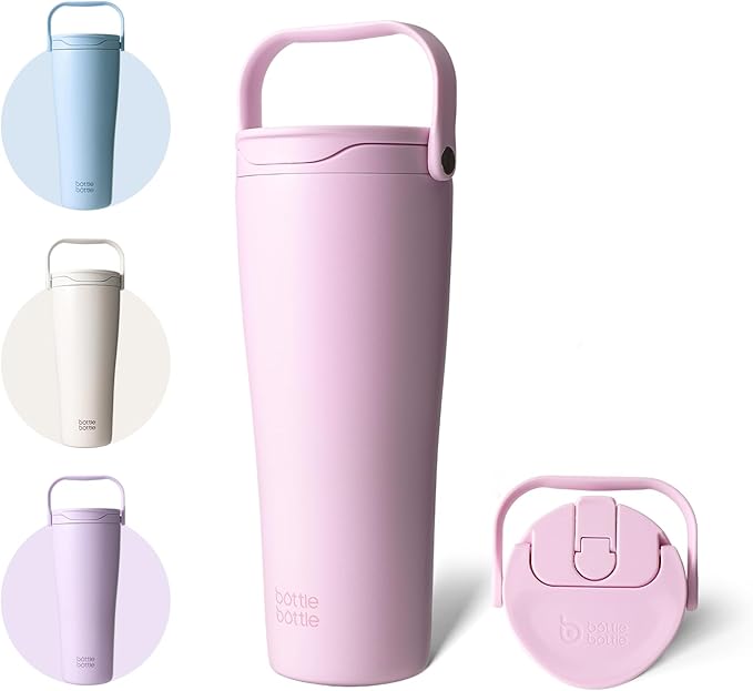BOTTLE BOTTLE Insulated Tumbler with Handle & Straw Lid, 30oz Stainless Steel Leak-Proof Water Bottle for Hot & Cold Drinks, Add Ice Without Unscrewing, BPA-Free for Travel, Sports, Office(Pink)