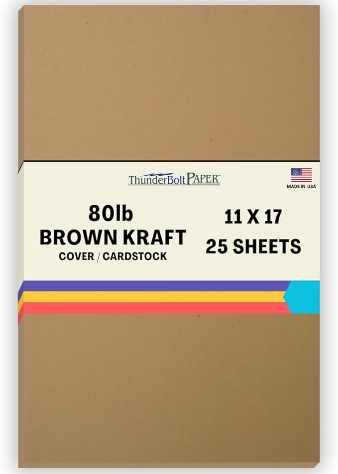 25 Brown Kraft Fiber 80# Cover Paper Sheets - 11" X 17" (11X17 Inches) Tabloid|Ledger|Booklet Size - Rich Earthy Color with Natural Fibers - 80lb/pound Cardstock - Smooth Finish