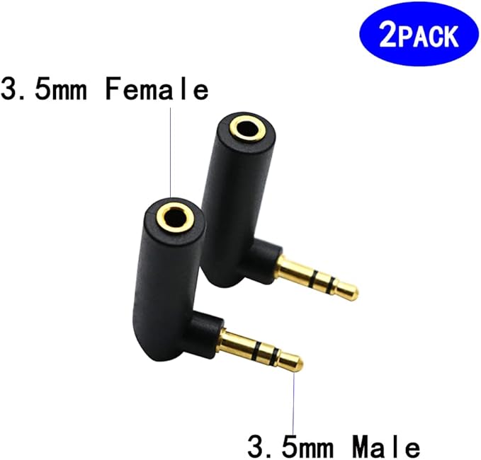 rgzhihuifz 3.5mm Angle Male to Female Audio Adapter, 90 Degree Right Angle Gold-Plated TRS Stereo Jack Plug AUX Connector Compatible with Headset, Tablets, MP3 Players, Speakers(2 Pack)