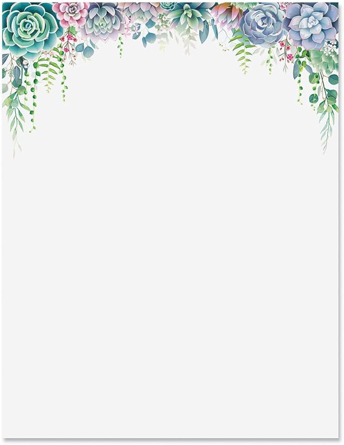 Current Succulent Floral Letter Paper - Spring Stationery Papers With Decorative Succulent Flowers Border, Printable Holiday, Wedding & Bridal Shower, & Invitation Sheets, Set of 25, 8 1/2" x 11"