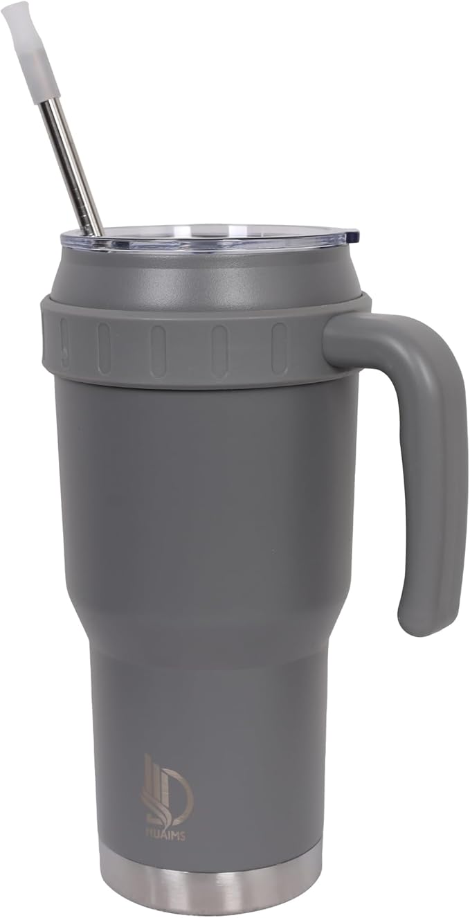 40 Oz Tumbler with Handle & Straw Lid, Insulated Stainless Steel Vacuum Flask, Double Wall Thermal Car Cup for Hot & Cold Drinks, Leak Proof, BPA Free (Dark Gray)