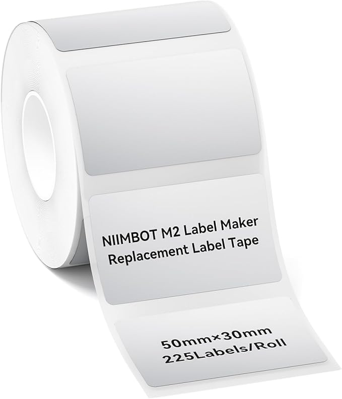 NIIMBOT M2/M3 Thermal Transfer Labels 1.97''x1.18'', for M2/M3 Label Maker, PET Material, Waterproof and High-Temperature Resistance, Long Storage Time, Silver Label Tape(50x30mm-225)
