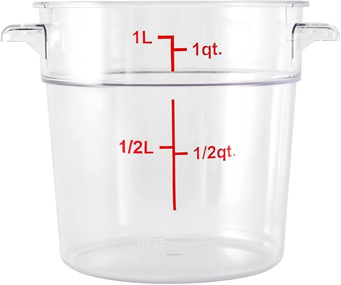 Restaurantware Met Lux 1 Quart Food Storage Container, 1 Round Commercial Storage Container - Lid Sold Separately, With Volume Markers, Clear Plastic Food Prep Bucket, Space-Saving Storage