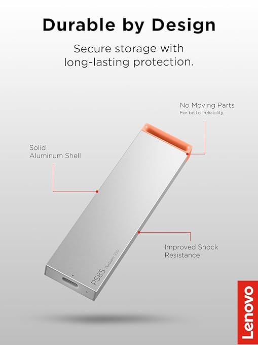 Lenovo PS8S 512GB Portable SSD, Up to 1050MB/s Read, 1000MB/s Write, USB 3.2 USB-C, Slim Lightweight (40g) Aluminum Body, Reliable Storage for PC/Mac & Android