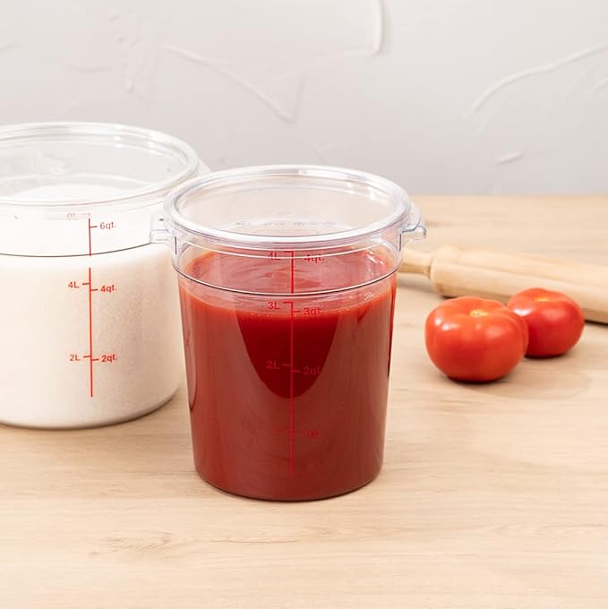 Met Lux 4 Quart Food Storage Container, 1 Round Commercial Storage Container - Lid Sold Separately, With Volume Markers, Clear Plastic Food Prep Bucket, Space-Saving Storage