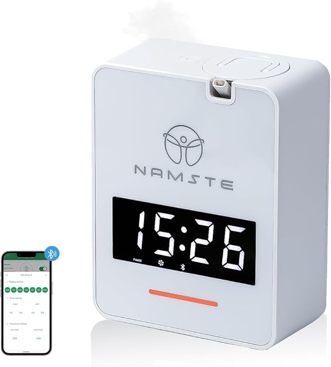 Namste Waterless Diffuser - HVAC System Essential Oil Diffuser with Clock - Whole House & Hotel Coverage 3000 Sq. Ft, 300ML Scent Machine Smart Oil Level Monitoring, Bluetooth Control, Cold Air Tech