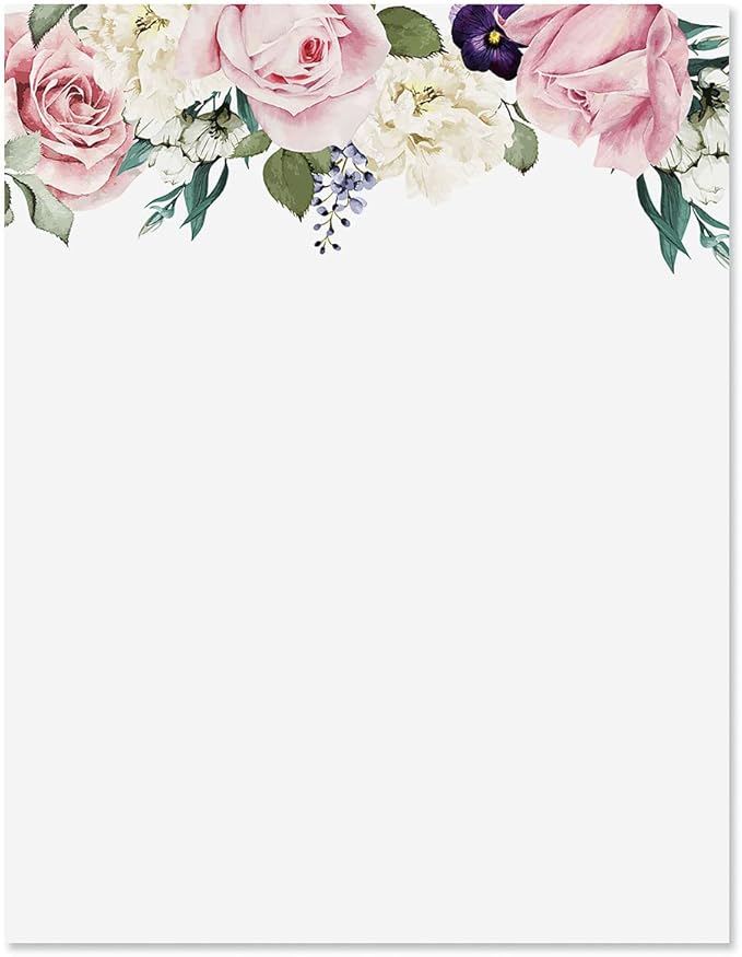Current Victorian Rose Floral Letter Paper - Spring Stationery Papers With Decorative Rose Border, Printable Holiday, Wedding & Bridal Shower, & Invitation Sheets, Set of 25, 8 1/2" x 11"