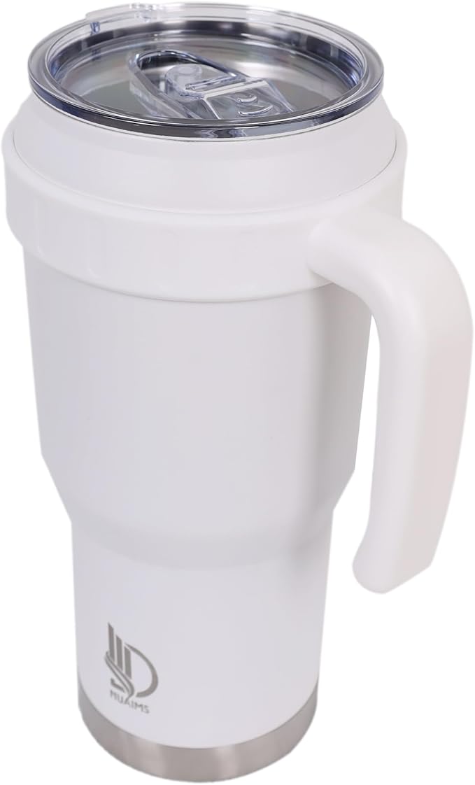 40 Oz Tumbler with Handle & Straw Lid, Insulated Stainless Steel Vacuum Flask, Double Wall Thermal Car Cup for Hot & Cold Drinks, Leak Proof, BPA Free (Off White)