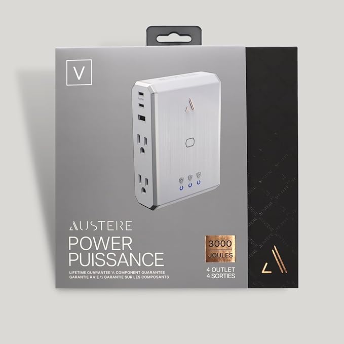 Austere V Series, Appliance Wall Power 4 Outlet Surge Protector for Kitchen, 3000 Joules, 1 USB-C 20W Fast Charger, 2.4 amps USB-C and A Ports, Overcurrent Protection, 5 Year Component Guarantee