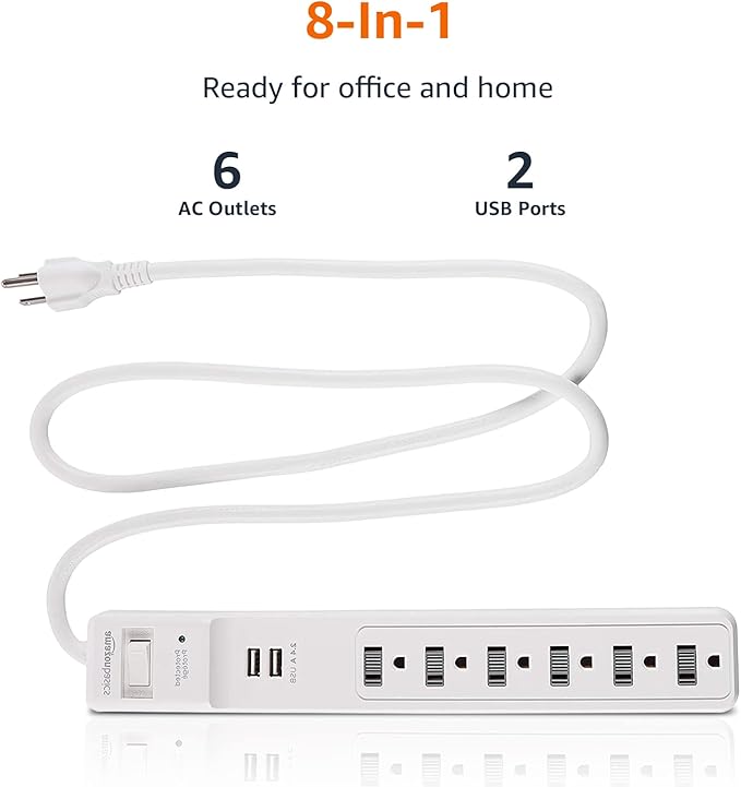 Amazon Basics Power Strip Surge Protector with 6 Outlets,2 USB Ports,1000 Joule Protection,6 Foot Extension Cord,Rectangle,White,(Pack of 6)