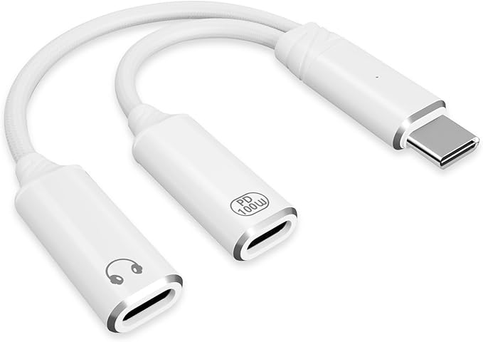 USB C Splitter，2 in 1 USB C Headphone and Charger Adapter Audio Dongle Cable with PD 100W for iPhone 16 15 Pro Max, Pixel 9 8 7, Galaxy S24 S23 S22, iPad Pro (White)