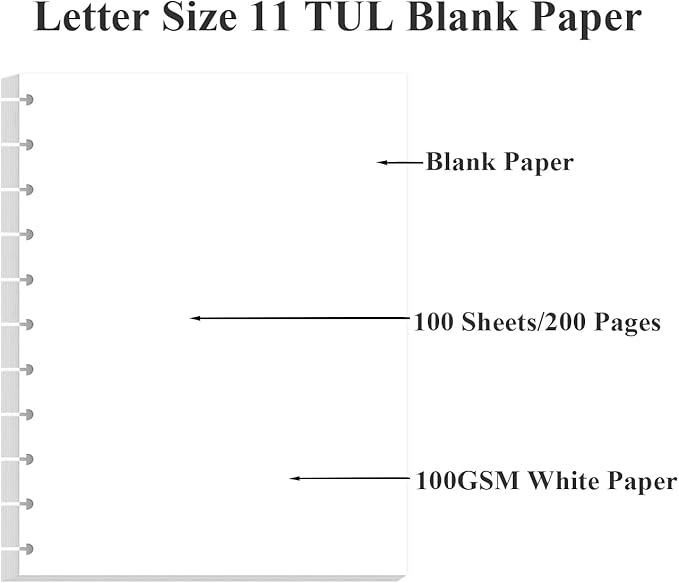 (3-Pack) Letter Size Blank Refill Paper, 11-Disc Discbound Blank Paper, 300Sheets / 600Pages TUL Blank Filler, 100gsm, White, 8.5'' x 11''