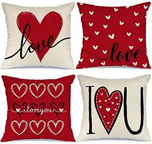GEEORY Valentines Day Pillow Covers 16x16 Set of 4 Love Heart Valentines Day Throw Pillows Decorative Cushion Cases Valentine Decorations
