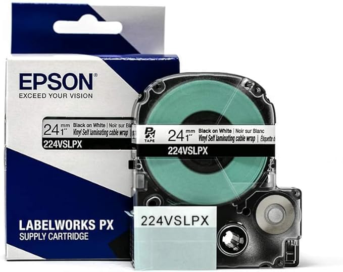 Epson LABELWORKS 224VSLPX Genuine Tape Cartridge - Black on White Flexible and Durable Vinyl Self Laminating Overwrap Industrial Label Maker Tape - 1" (24MM) Wide, 26.2 ft