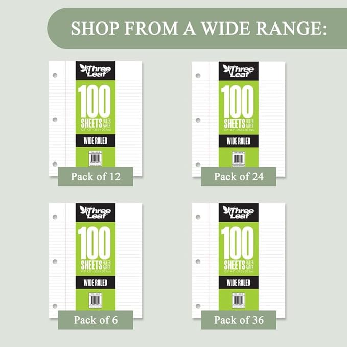 THREE LEAF 100 SHEETS WIDE RULED FILLER PAPER, PACK OF 24, LOOSE-LEAF SHEETS FOR SCHOOL AND OFFICE 100 CT. FILLER PAPER, NOTEBOOK PAPER