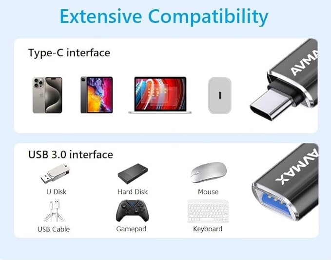 AVMAX USB to USB C Adapter 4Pack, Type C Male to USB Female 3.0 OTG Adapter for iMac,MacBook, iPhone 16 15,iPad,Microsoft Surface,Samsung (Black)