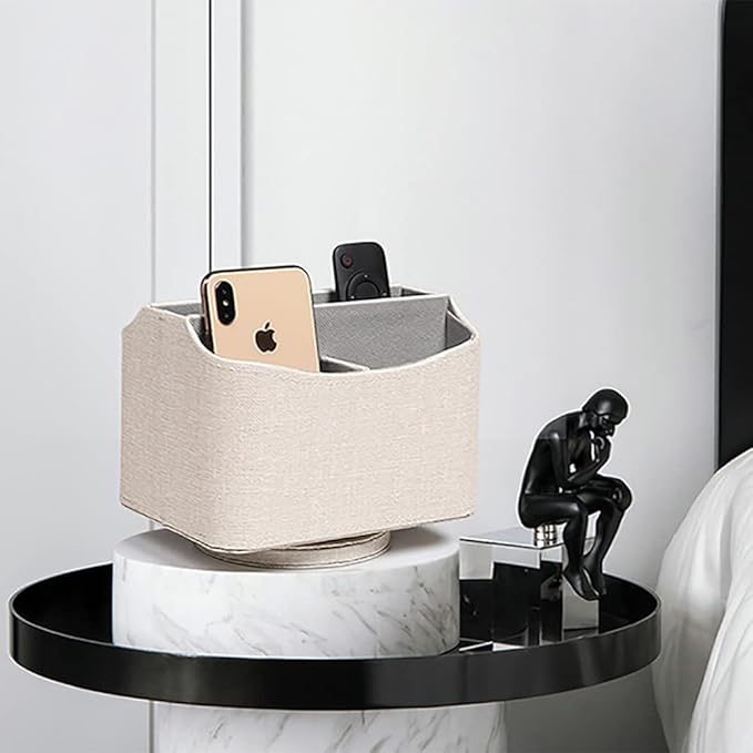 UnionBasic Rotating Desk Organizer, 360 Degree Desk Spinning Caddy, Desktop TV Guide/Mail/Media/Remote Controller Holder Organizer, Linen Texture Leather Beige