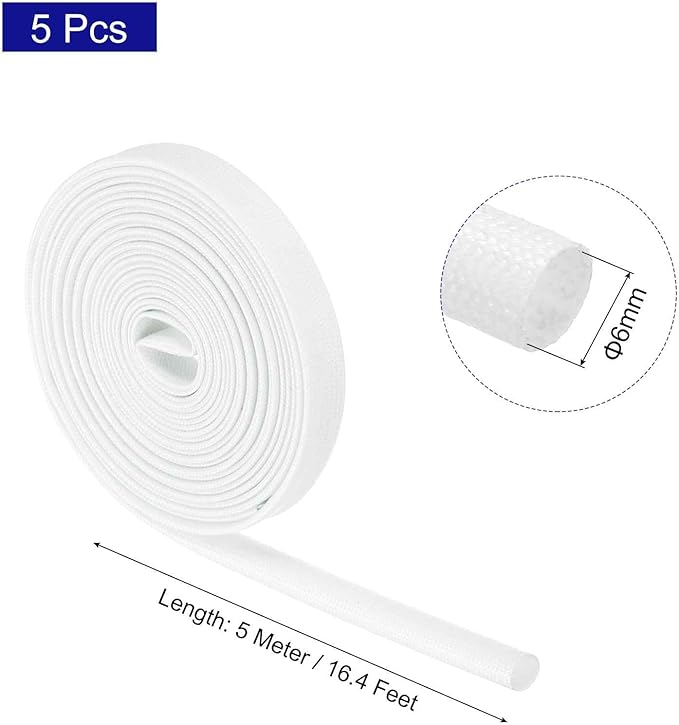 MECCANIXITY 5Pcs Wire Insulation Braid Fire Sleeve,16.4Ft-6mm ID White, High Temp Silicone Coated Fiberglass Sleeving for Automotive Hose Lines Electrical Wiring