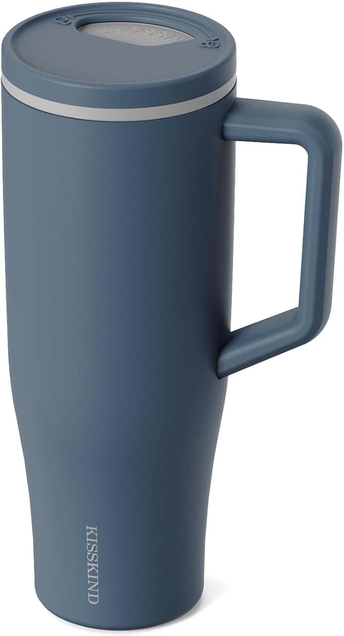 KISSKIND 40 oz Tumbler with Handle and Straw | Lumi Spin Hidden Straw 100% Leakproof Insulated Tumbler | Stainless Steel Water Bottle for Mom, Nurse, Teacher | Blue