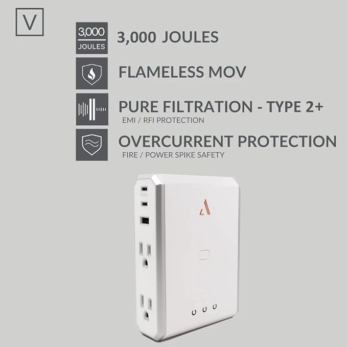 Austere V Series, Appliance Wall Power 4 Outlet Surge Protector for Kitchen, 3000 Joules, 1 USB-C 20W Fast Charger, 2.4 amps USB-C and A Ports, Overcurrent Protection, 5 Year Component Guarantee