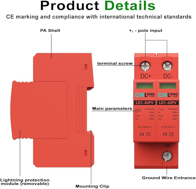 2P 40KA Voltage Surge Protector DC 1000V Solar PV Lightning Arrester Device for Rv, Home Lightning Protection System 35mm DIN Rail Mount