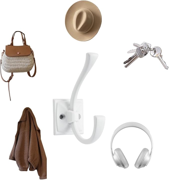 2 Pack Decorative Heavy Duty Towel Hooks for Hanging Robe Double White Coat Hooks Wall Mounted with Screws for Key, Towel, Bags, Cup, Hat