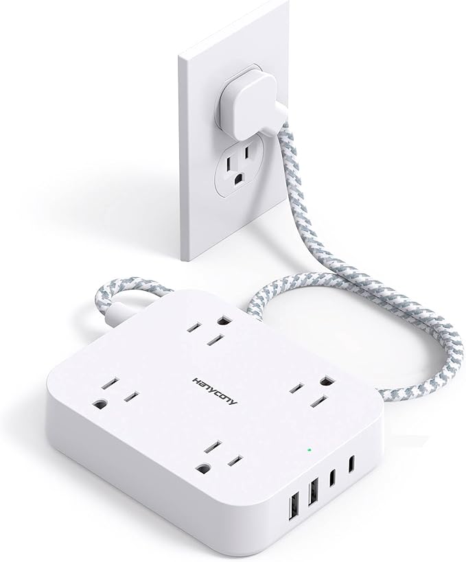 Flat Extension Cord 3 Ft, HANYCONY Power Strip with 4 USB Ports(2 USB C), 4 Widely Outlets Extender, Wall Mount, Desk Charging Station for Office, Travel and Dorm Room Essentials, ETL Listed