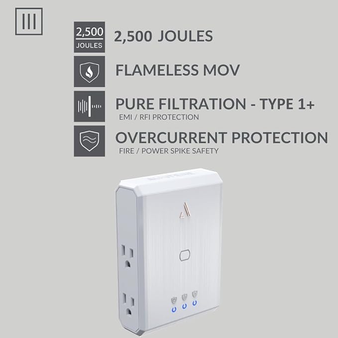 Austere III Series, Appliance Wall Power 4 Outlet Surge Protector for Kitchen, 2500 Joules, Flameless MOV, Overcurrent Protection, SmartFit Outlets, 4 Year Component Guarantee
