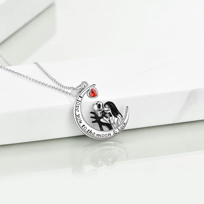 LILALO Christmas Gifts Nightmare Necklace Sterling Silver Abalone Shell Crystal Jack and Sally Necklace Jack Skellington Skull Jewelry Skull Necklaces for Women