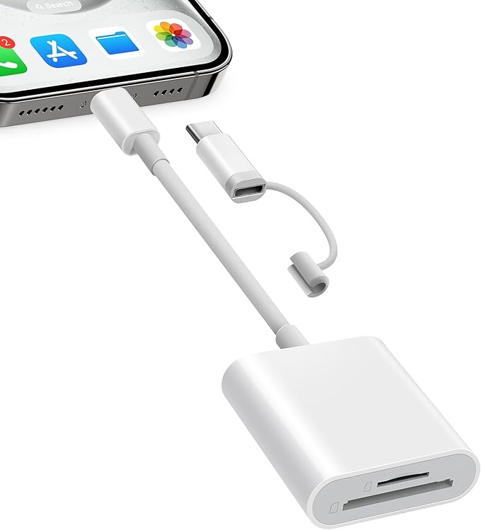 SD Card Reader for iPhone iPad, Dual Connector (Lightening&USB-C) Micro SD Memory Card Reader, 2 in 1 SD and TF Card Adapter Portable Trail Camera Viewer, No Driver Needed, Plug and Play