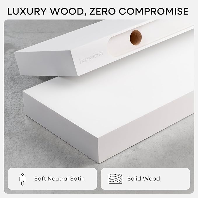 Homeforia White Floating Shelves 24 inch, High End Solid Real Wood 24inch Bathroom Floating Shelf for Wall Mounted, White Wooden 24in Floating Shelves, Heavy Duty Bracket, 24 X 6.5 X 1.75 in, Set of 2