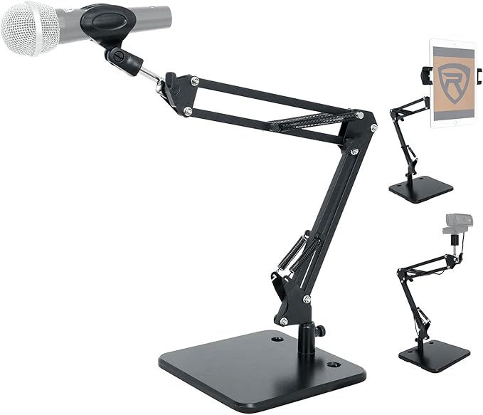 Rockville iSTAND 75 Desktop Boom Arm Stand, Mic/Phone/Tablet/Webcam Holder, Weighted Steel Base, 360-Degree Swivel, Anti-Scratch Grip, for Podcasting and Streaming