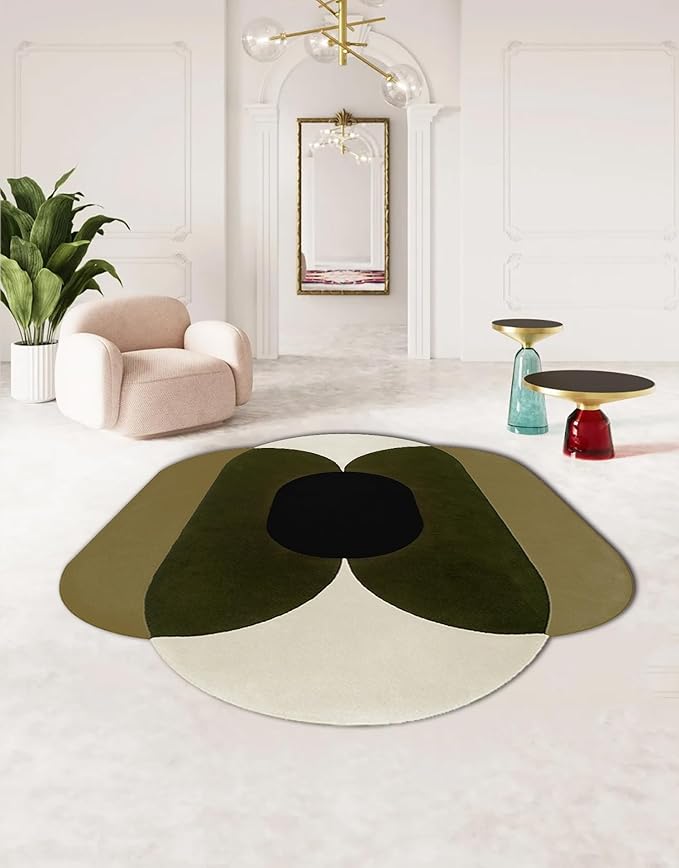 Minimalist Mid Century Modern Abstract Irregular Area Rug for Living Room Bedroom Guestroom Faux Wool Washable Carpet 7x10 Boho Meetingroom Home Office Stain Resistant Floor Rugs Olive Green Beige