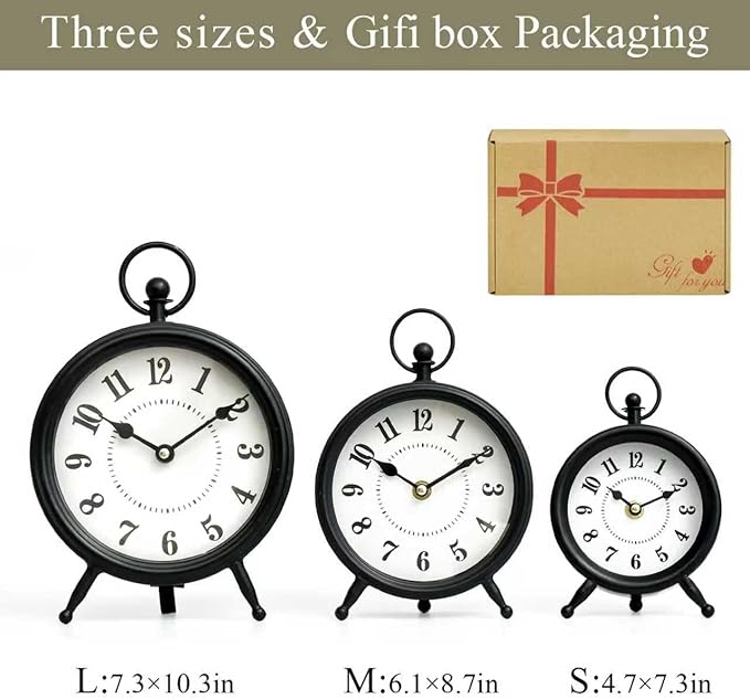 MACVAD Vintage Black Table Clock on Stand, Decorative Desk and Shelf Clock，Decorative Battery Operated Table Top Clock for Living Room，Silent Non-Ticking(Small)