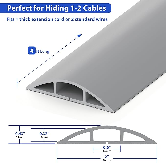 Floor Cord Cover 4ft, Cord Hider Floor Hide Extension Cords, Floor Cable Management Prevent Cable Trips, Floor Cable Cover Wire Covers for Cords, Cable Protector Cord Cavity W0.6in x H0.32in Gray