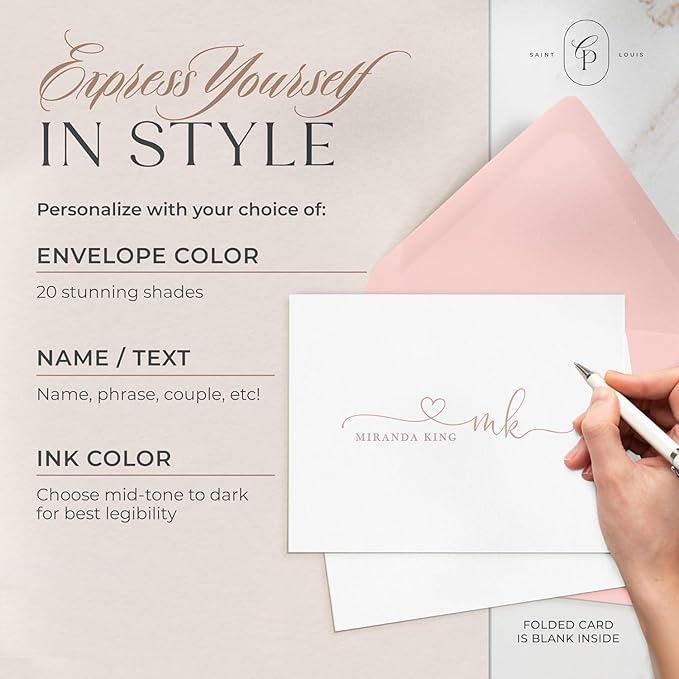 Curio Press Personalized Stationery for Women & Men - Folded Thank You Cards with Custom Notecards, Personalized Note Cards with Envelopes, Name and Monogram, Custom Stationery - Precious Mono Fold