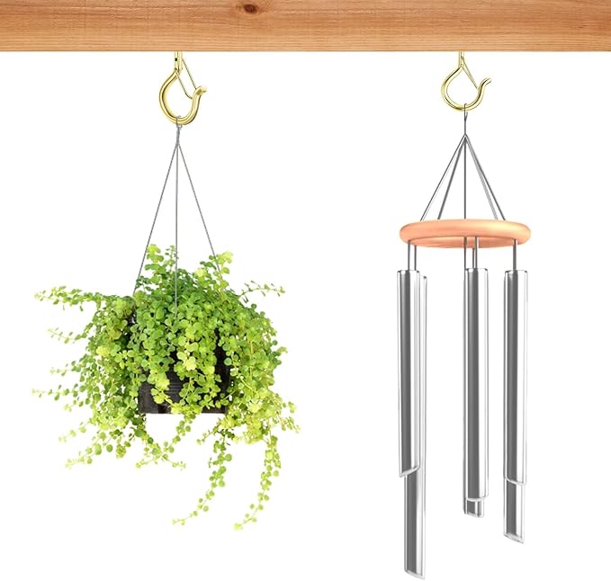 FSAH 12 PCS Q-Hanger Hooks, Screw Hooks for Outdoor String Lights, Safety Buckle Design Cup Eye Hook for Hanging Christmas Lights, Plants, Wind Chimes, Mounted on Wall Ceiling, Windproof, Gold