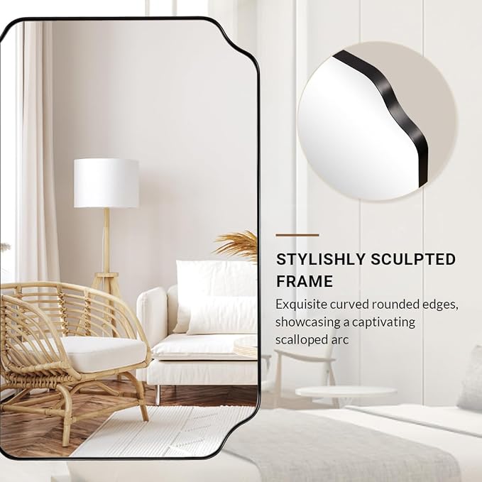 ANDY STAR 20"x30" Matte Black Mirror, Bathroom Vanity Mirror, Modern Scalloped Mirror in Premium Stainless Steel Thin Frame, Unique Rounded Notched Corners, Compact Size for Small Bathroom Remodel