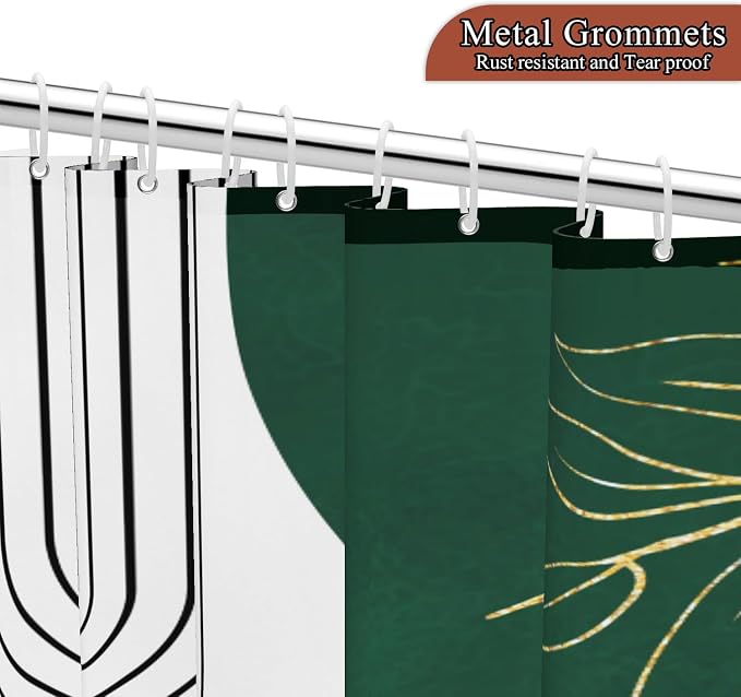 Mid Century Boho Shower Curtain, Abstract Modern Sun Minimalist Aesthetic Shower Curtain, Bohemian Geometric Arch Curve Leaves Neutral Art Fabric Bathroom Curtains Green 48x72 inch