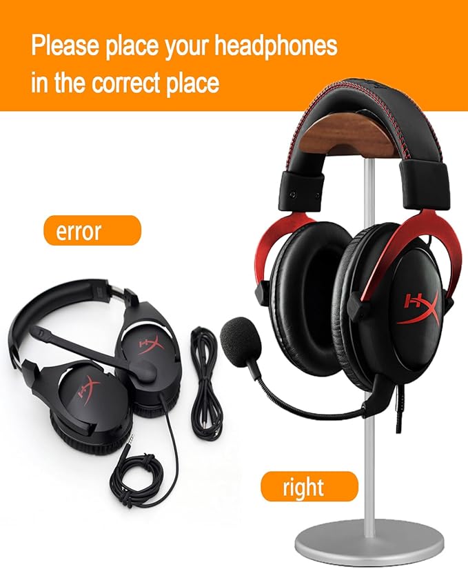 Headphone Stand, Aluminum and Wood Headphone Holder for Over Ear & On Ear Headsets – Heavy Duty Base Gaming Headset Stand with Non-Slip Pad, Desk Organizer for Home Office Studio Use (Silver)