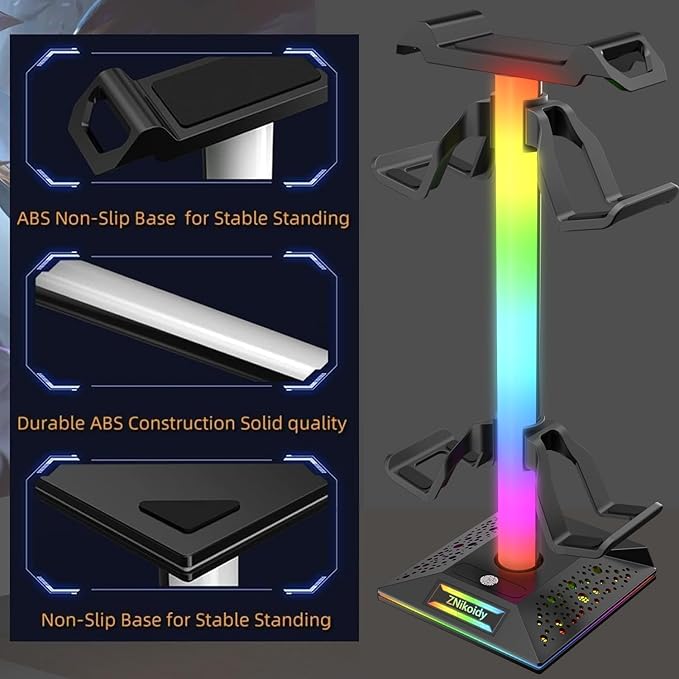 ZNikoyidy Gaming Headphone Stand PC Accessories - RGB Headset Stand with 2 USB Ports,10 Light Modes Headset Holder Suitable for All Earphone Accessories, Gift for Boys Men Gamers