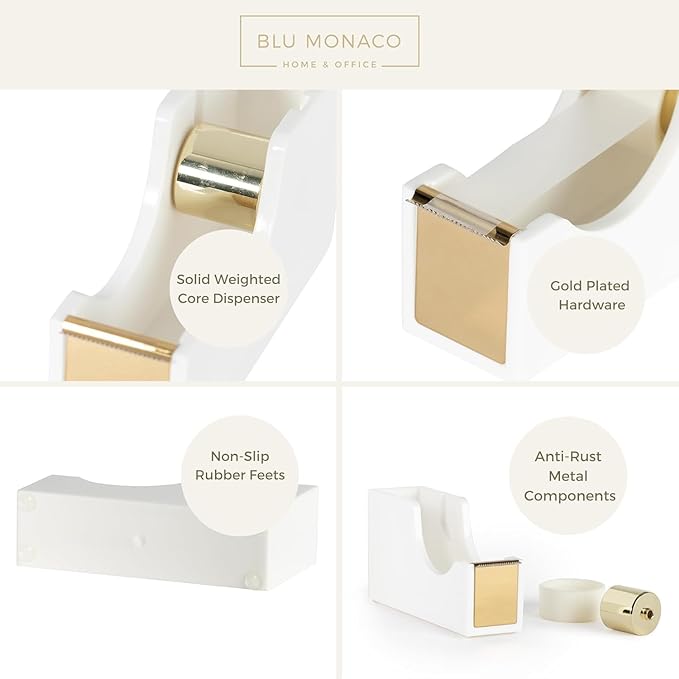 BLU MONACO White and Gold Tape Dispenser | Acrylic Desktop Tape Cutter with Smooth Blade & Weighted Non-Slip Base | Fits Standard & Large Rolls | Cute Desk Accessory for Office & Home