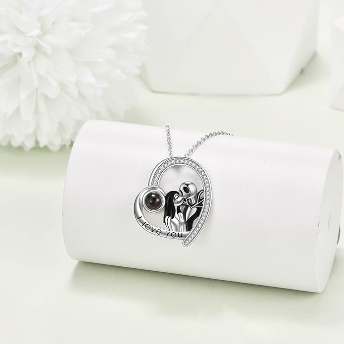 LILALO Christmas Gifts Nightmare Necklace Sterling Silver Abalone Shell Crystal Jack and Sally Necklace Jack Skellington Skull Jewelry Skull Necklaces for Women
