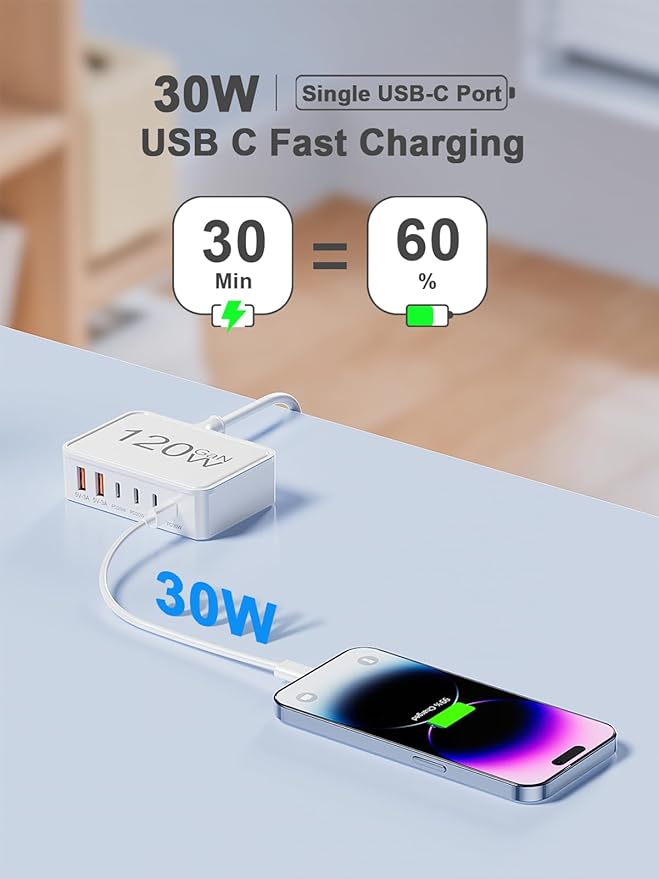 Otovoda 120W USB C Charger Block, 6 Port USB Charging Station for Multiple Devices, 5FT Desktop Multi Charging Hub Compatible with iPhone Samsung ipad, for Travel Home Office