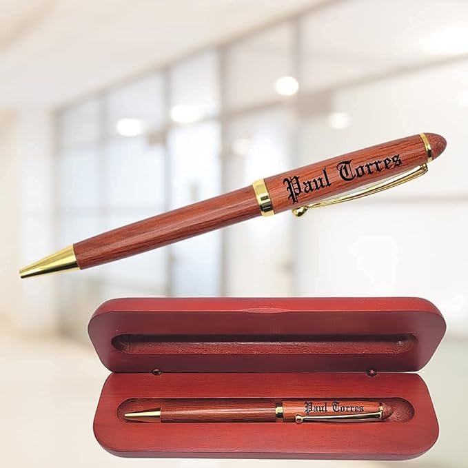 LAS VILLAS DESIGNS Personalized Wooden Ballpoint Pen with Personalized Case | Rosewood | Fully Customizable | Gift for graduations, birthdays, weddings, for him and for her (Pen w/Case)