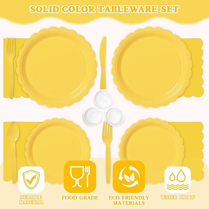 Vyntra 350 PCS Disposable Plates for Party, Paper Plates & Napkins Set with Cups, Knives, Forks, Spoons, 7'' Dessert and 9'' Dinner Plates for Birthday, Picnic, BBQ - Yellow