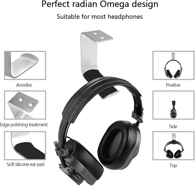 GEEKRIA Under-Desk Headphone Stand Mount Holder, Headsets Hanger, Gaming Headset Headphone Hook, Universal Stand for All Headphone Size (2 Pcs/C/Silver)